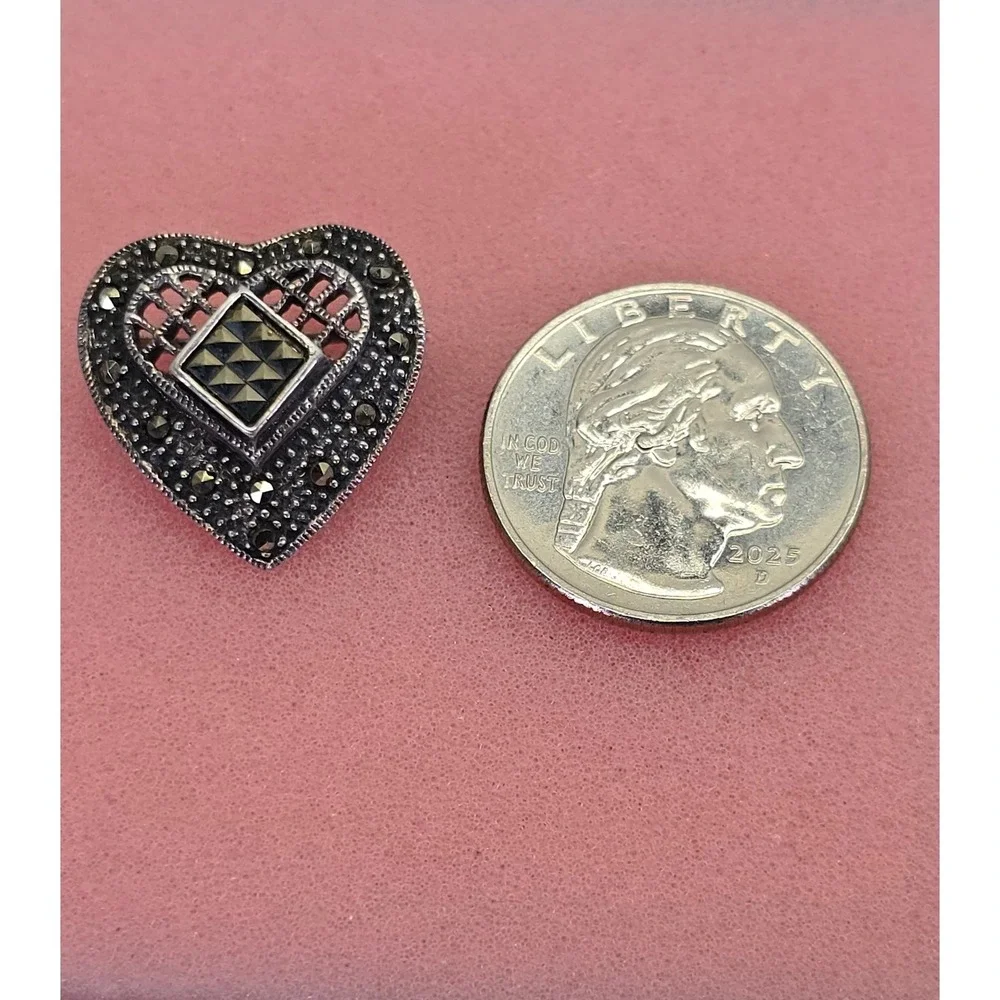 Vintage‎ 925 Sterling Silver Marcasite Heart Brooch Pin Art Deco Style Open Work